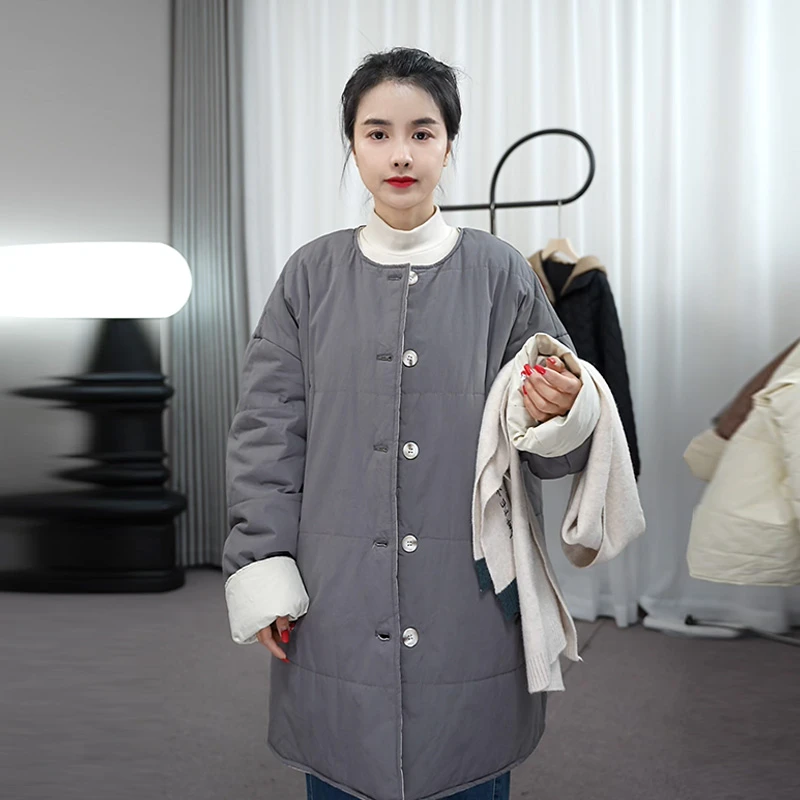 周周家韩国圆领宽松拼色双面双穿棉衣女2024秋冬设计感保暖外套