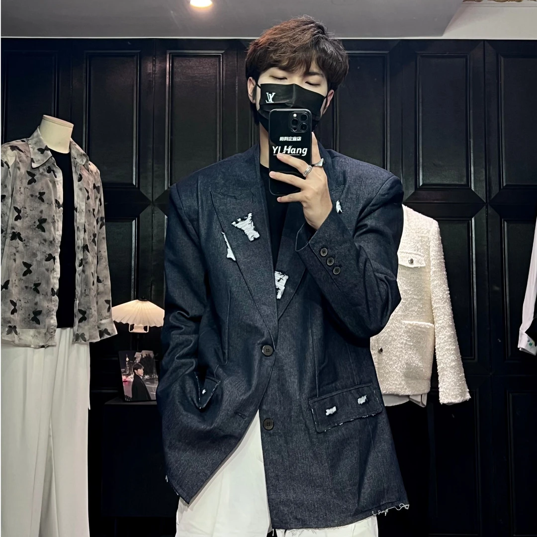 L-YIHANG【24新品】高级感韩系磨破设计宽松水洗西服外套男50520