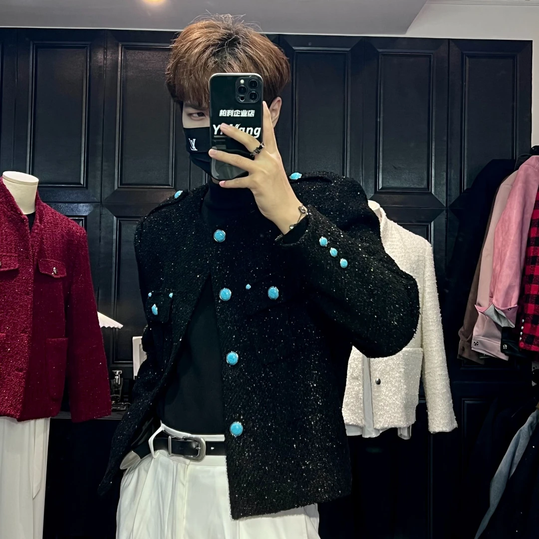 L-YIHANG【24秋冬新品】高级感轻奢定制绿松石扣短款垫肩夹克男6371