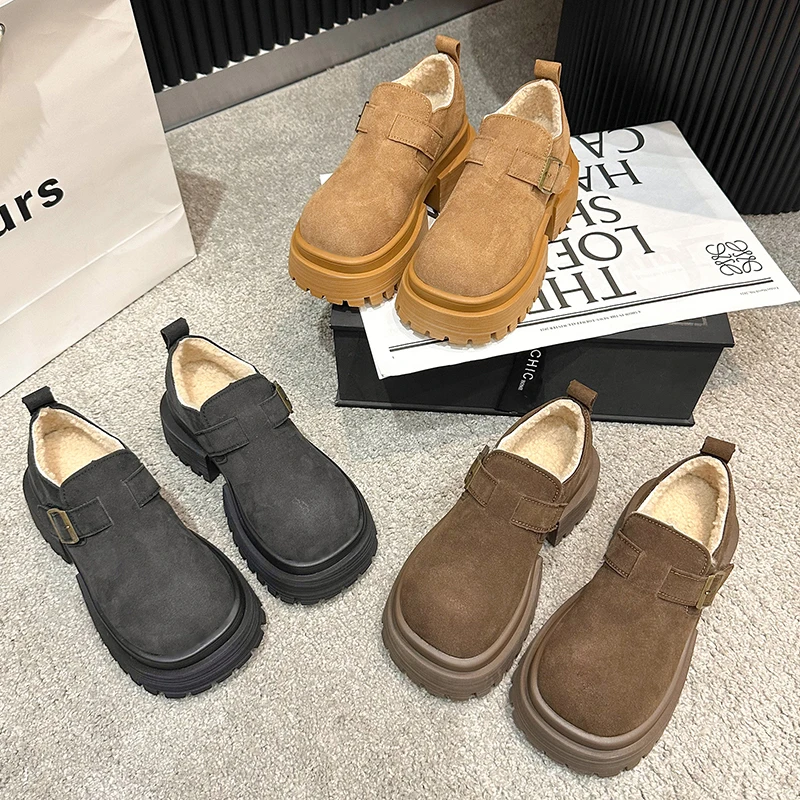 复古棕色厚底加绒勃肯鞋女2024秋冬新款增高乐福鞋休闲保暖棉鞋女