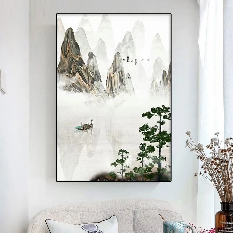 水墨丹青  大格四股90*112厘米  30色满绣  格子精准山水温馨