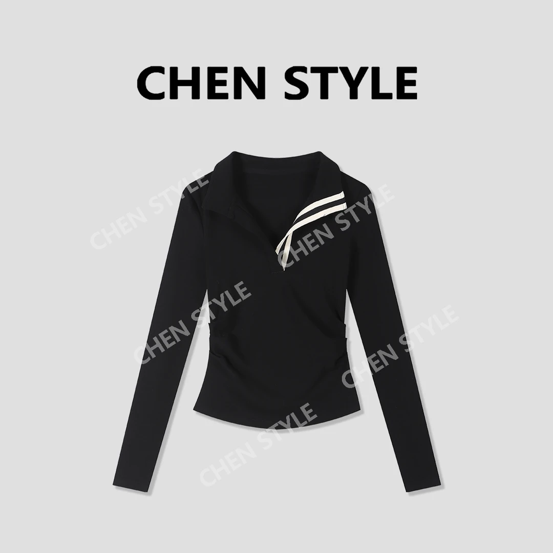 楚楚君~【完美身姿】T64181加厚立领收腰显瘦V领织带长袖上衣