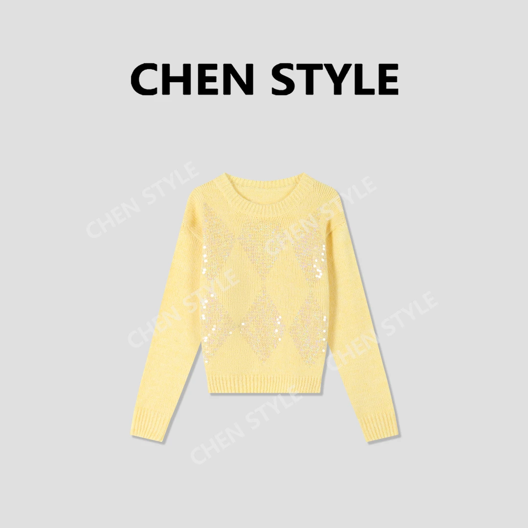 楚楚君~【闪亮出场】M51415圆领菱格亮片韩版宽松毛衣