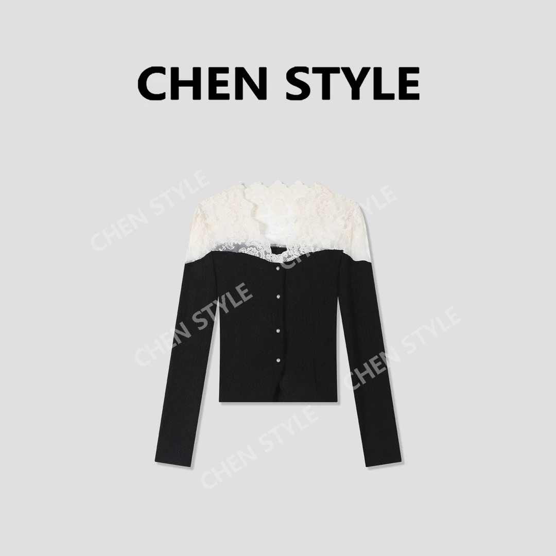 楚楚君~【法式风情】M80974法式V领钩花拼接针织上衣