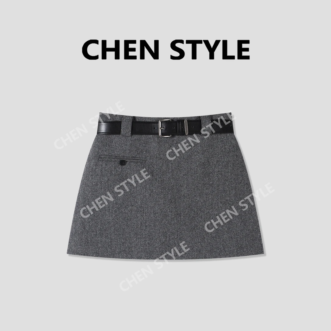 楚楚君~【一见钟情】Q65821高腰A版带皮带短裙气质