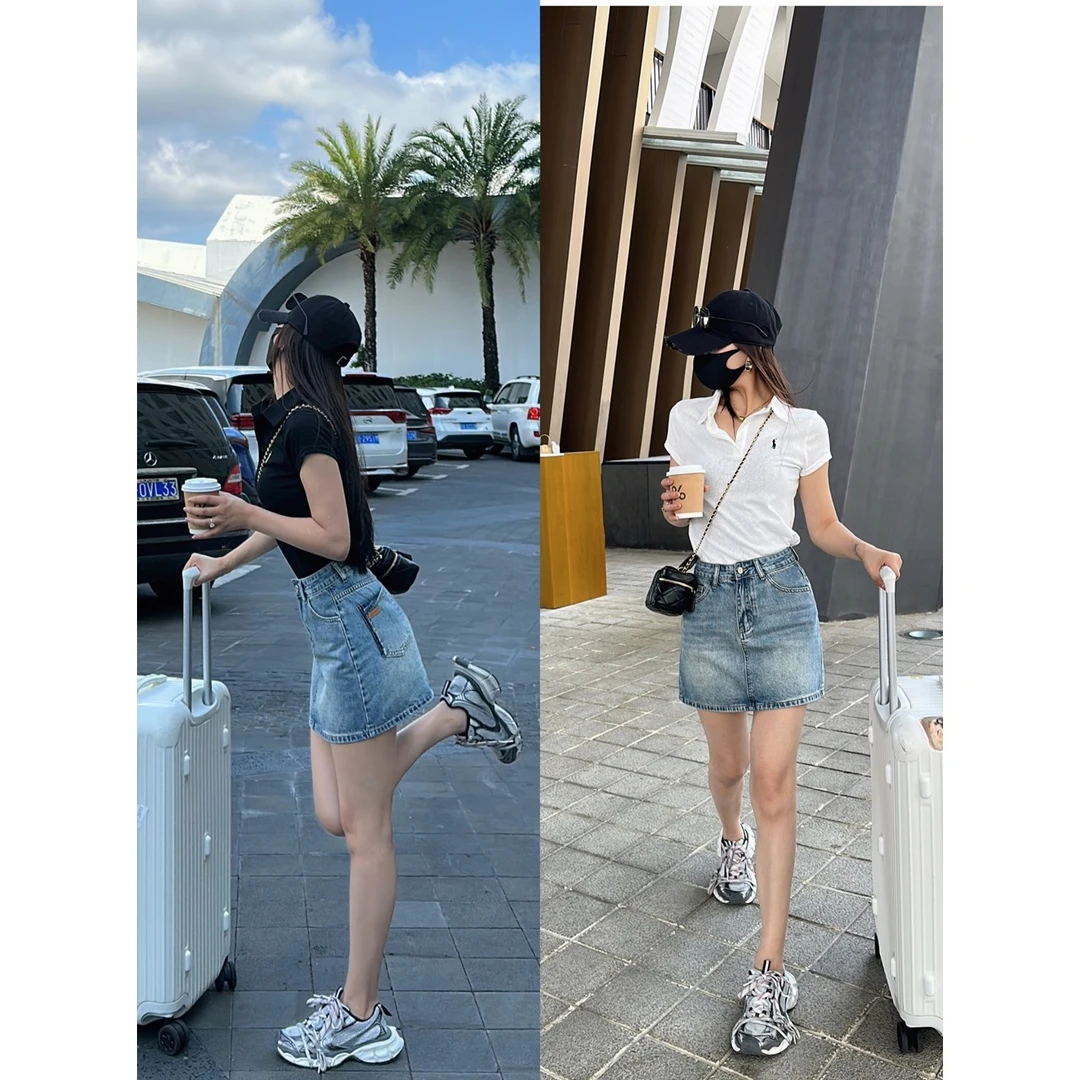 楚楚君~【辣度满分】Q55469大牌感带标显瘦牛仔短裙