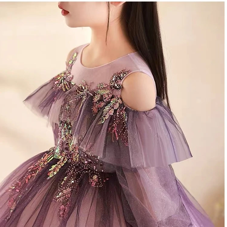 【轻歌曼舞】女童主持人晚礼服钢琴演出服儿童公主裙紫色生日宴