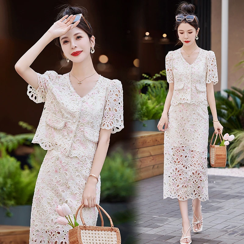 连衣裙蕾丝气质小个子时尚夏季法式短袖小香风碎花洋气减龄裙子