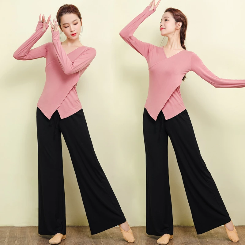 现代舞舞蹈练功服女套装古典舞现代舞跳舞服修身形体训练套指上衣