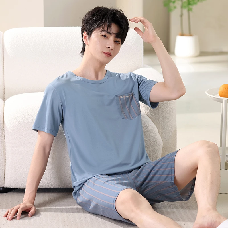 新款男士睡衣夏季薄款夏天可外穿宽松休闲短款2024年家居服套装D