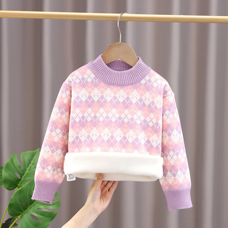 女童套头长袖毛衣2024新款秋冬装宝宝洋气秋冬加绒加厚打底针织衫