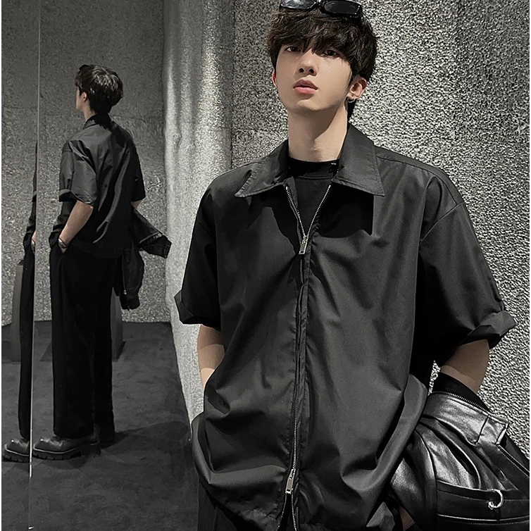 韩版短袖设计感小众拉链衬衫男宽松高级感轻奢百搭夏季衬衣潮外穿