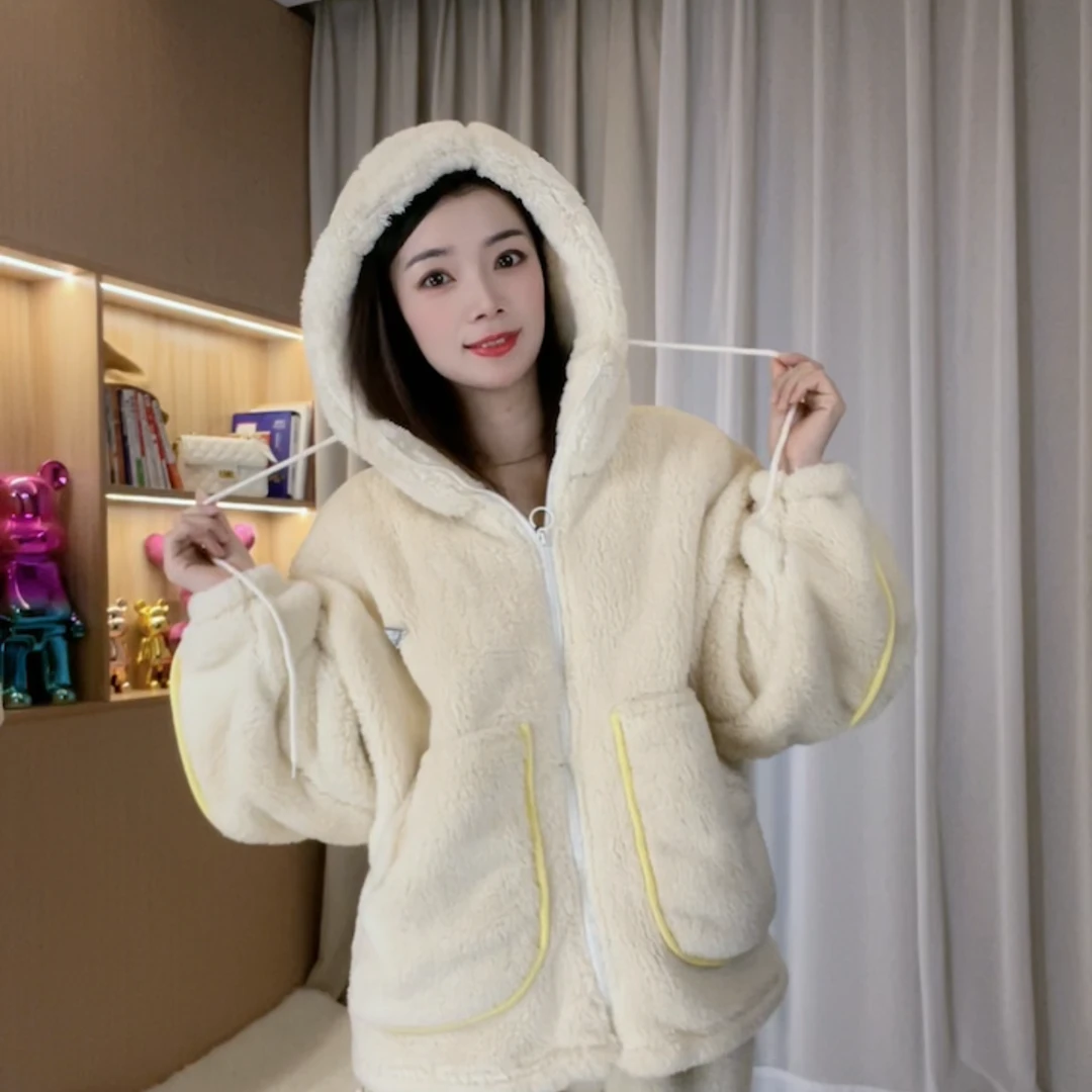 【深寒三件套】冬季新款毛绒家居服加绒加厚保暖连帽家居服睡衣