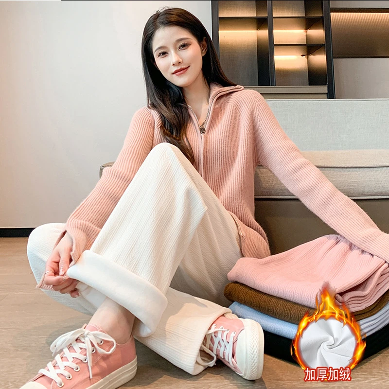 雪尼尔裤阔腿裤秋冬高腰直筒加绒裤子女款拖地宽松垂感休闲裤白色