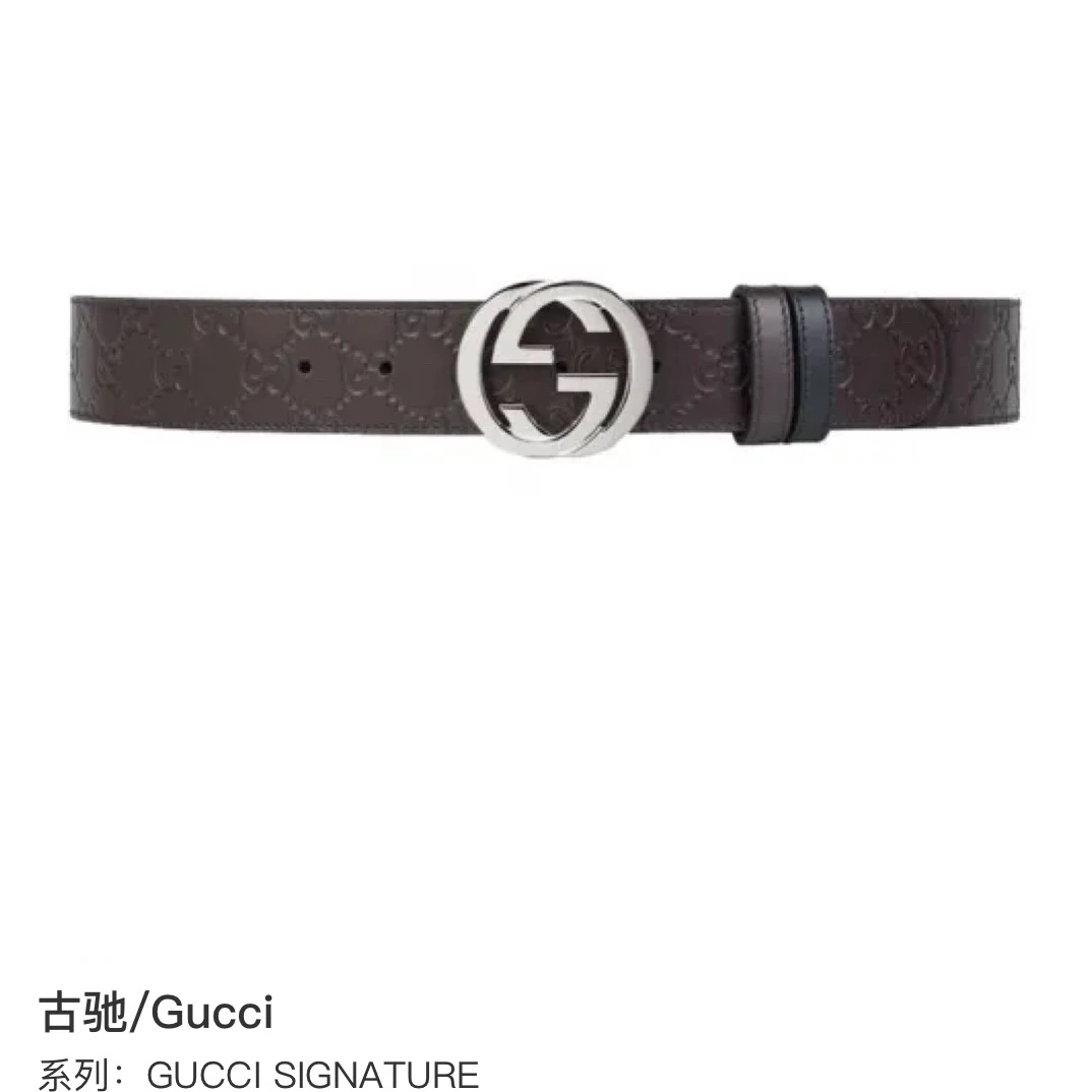 全新未使用 古驰Gucci旋转扣头牛皮腰带  棕黑色  宽3.7厘米