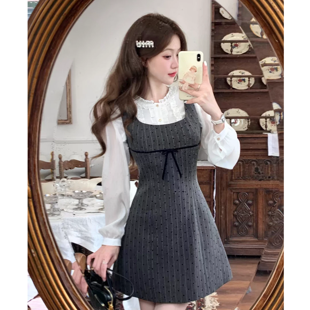 微胖法式千金波点灰色背心裙女秋季系带设计感长短裙10277