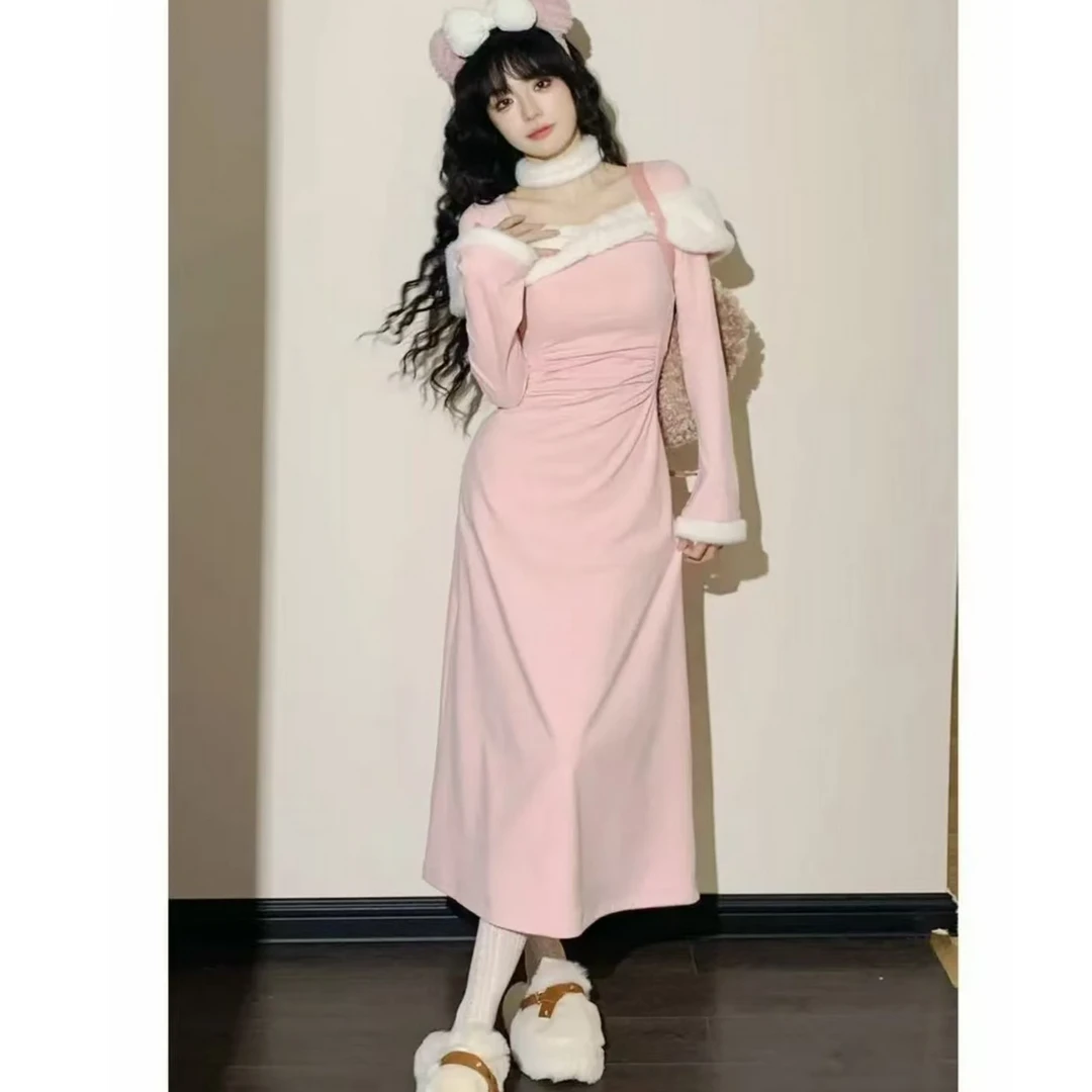 微胖千金风秋冬新款纯欲虞美人气质毛毛拼接连衣裙10260