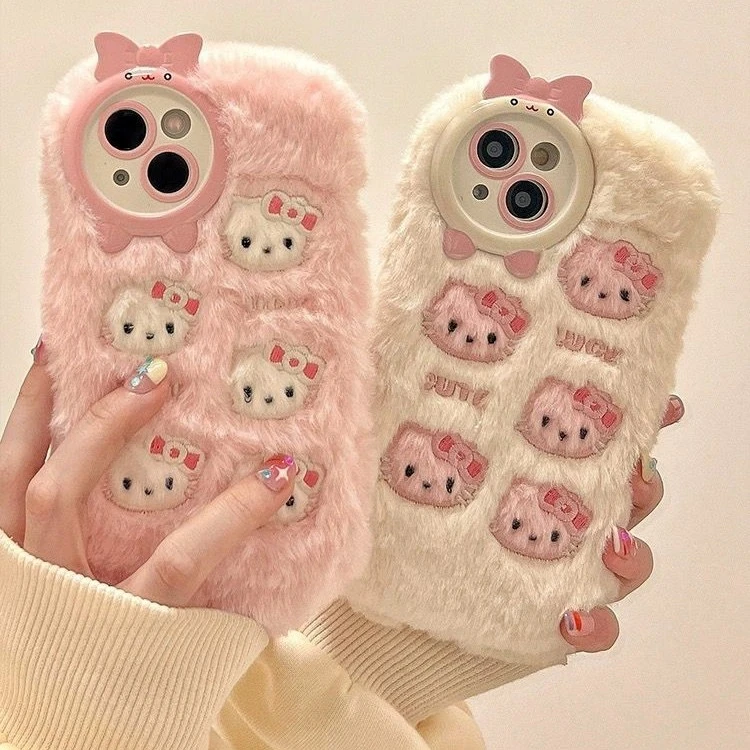 ins卡通可爱毛绒刺绣猫咪适用苹果16ProMax秋冬手机壳iPhone15Pro