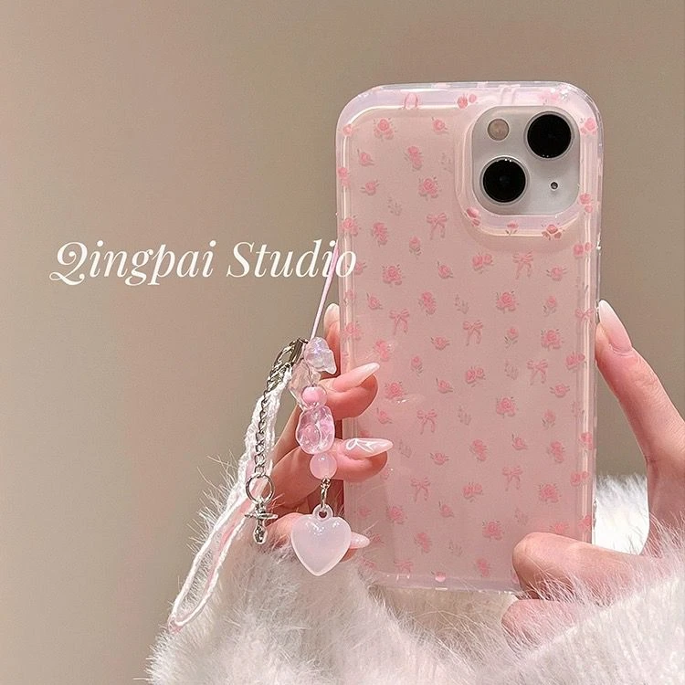 春日ins少女粉色碎花蝴蝶结挂链手机壳适用苹果16ProMax/15小清新