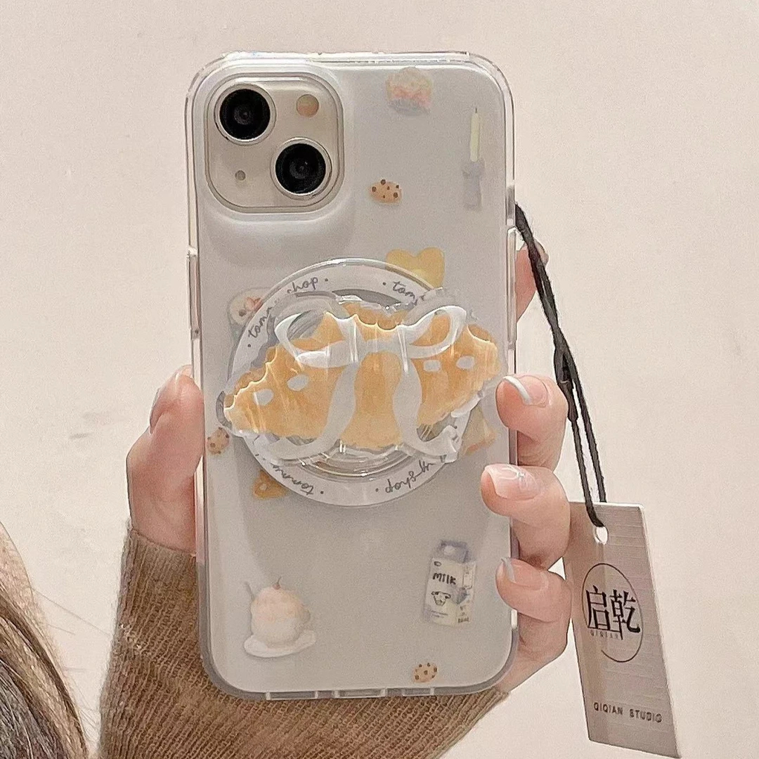 卡通蝴蝶结丝带牛角包磁吸支架适用13苹果15promax手机壳iPhone14