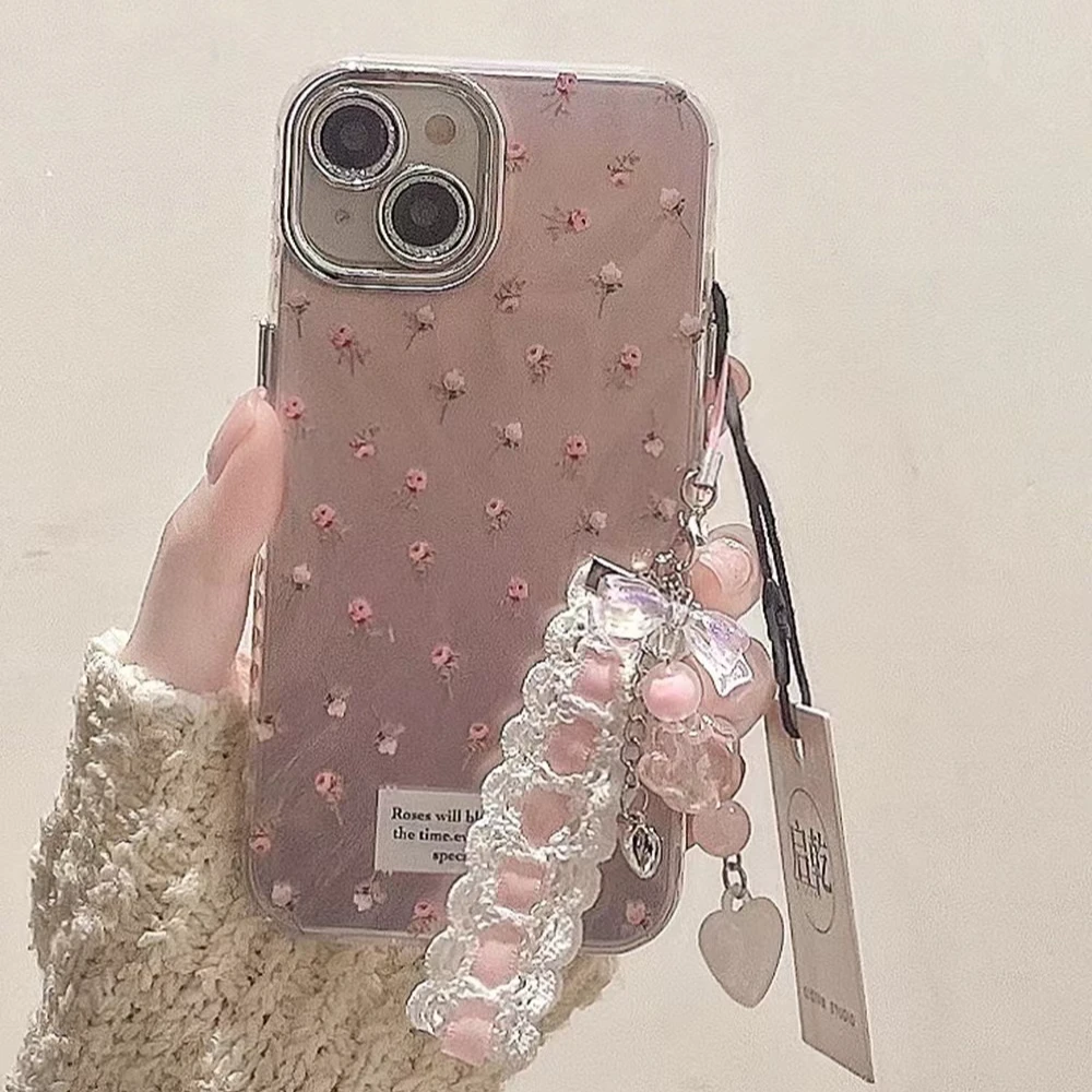 ins温柔粉色小碎花自带镜头膜适用苹果15ProMax手机壳iPhone14Pro