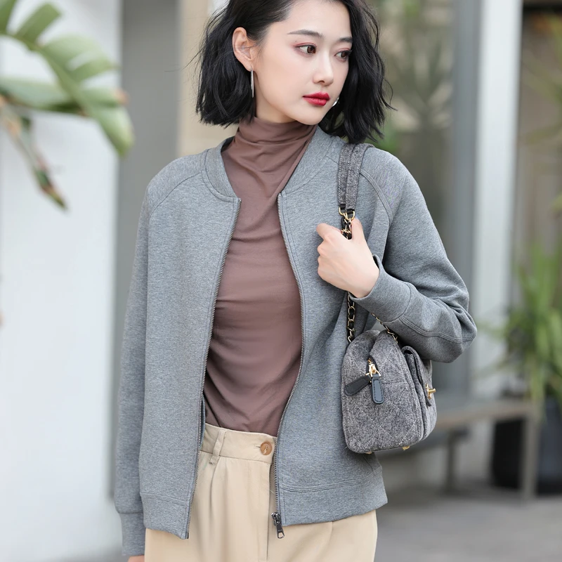 经典百搭纯色太空棉立领休闲宽松开衫长袖拉链卫衣外套女秋冬新款