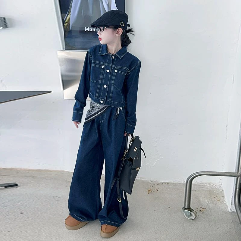 女童牛仔套装潮流气质秋装中大儿童洋气港风酷飒风炸街阔腿裤春秋