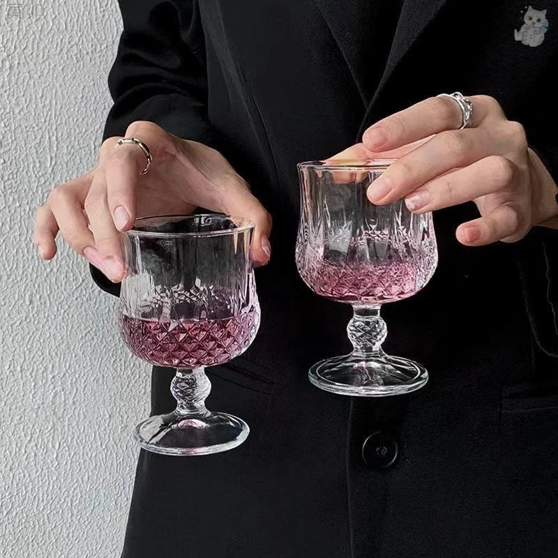 钻石浮雕玻璃杯ins风复古高颜值甜果酒饮料杯鸡尾酒杯高脚红酒杯