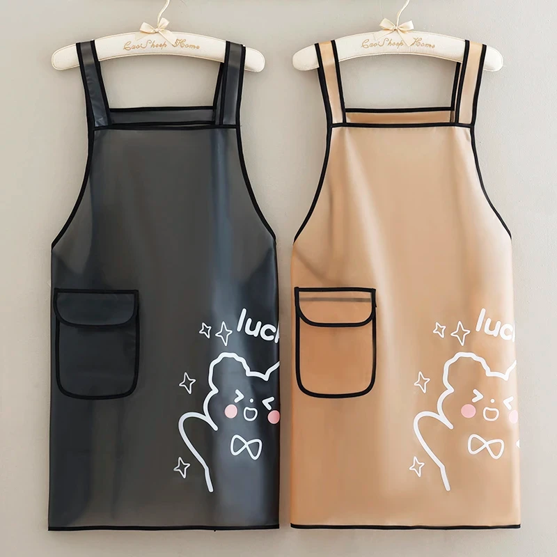 厨房做饭围裙无袖防水围腰简约餐饮水产宠物透明免洗工作服可爱款