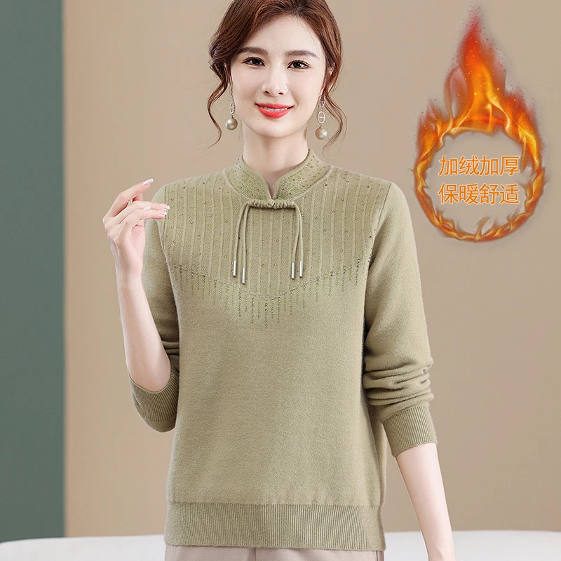时尚妈妈装2023新款秋冬加绒打底衫保暖洋气加厚女针织衫上衣