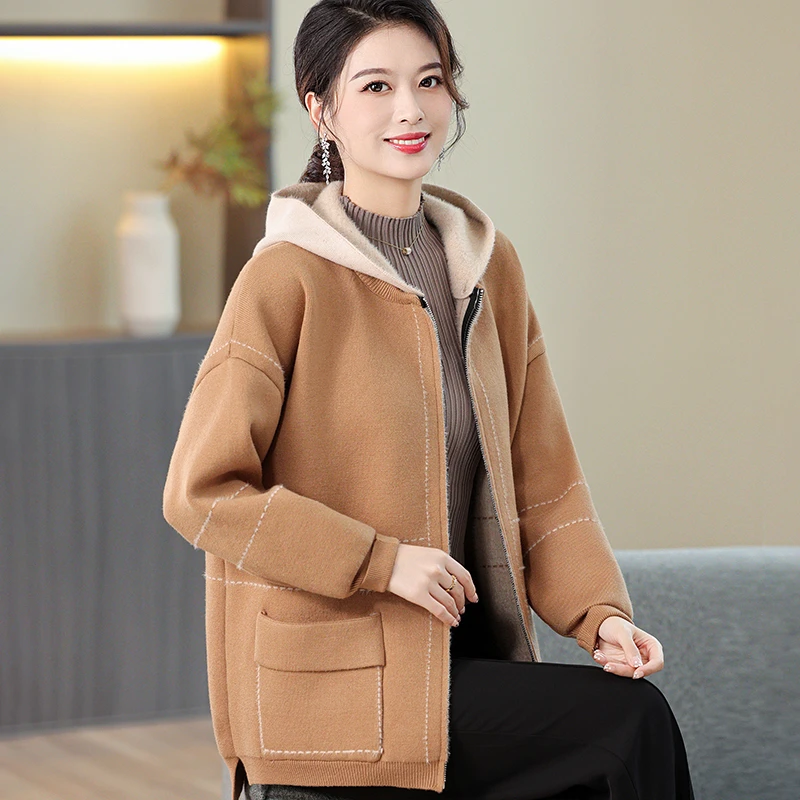 2023新款加厚针织连帽冬季衫外套大码洋气宽松减龄时尚妈妈秋冬装