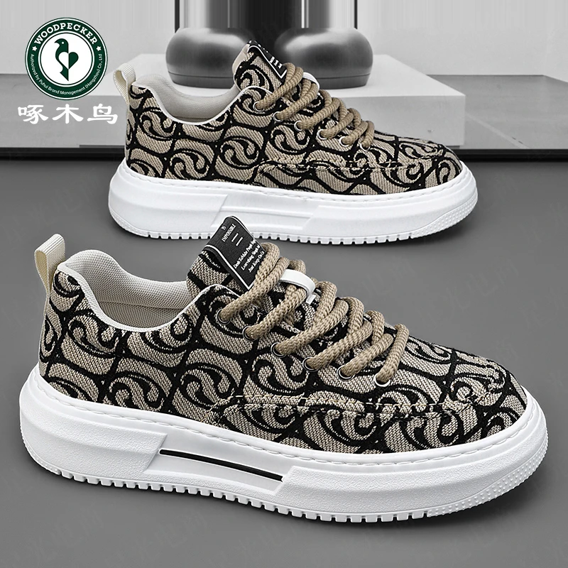 【正品】啄木鸟男鞋夏季透气男士帆布鞋时尚百搭厚底增高休闲潮板鞋