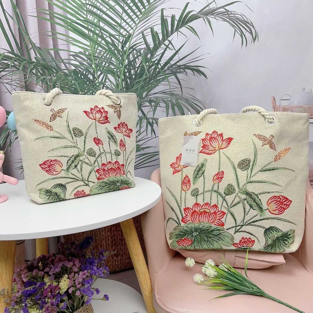 麻绳【荷花小鸟】双面金丝提花绣单肩包帆布包百搭上班通勤包大容量