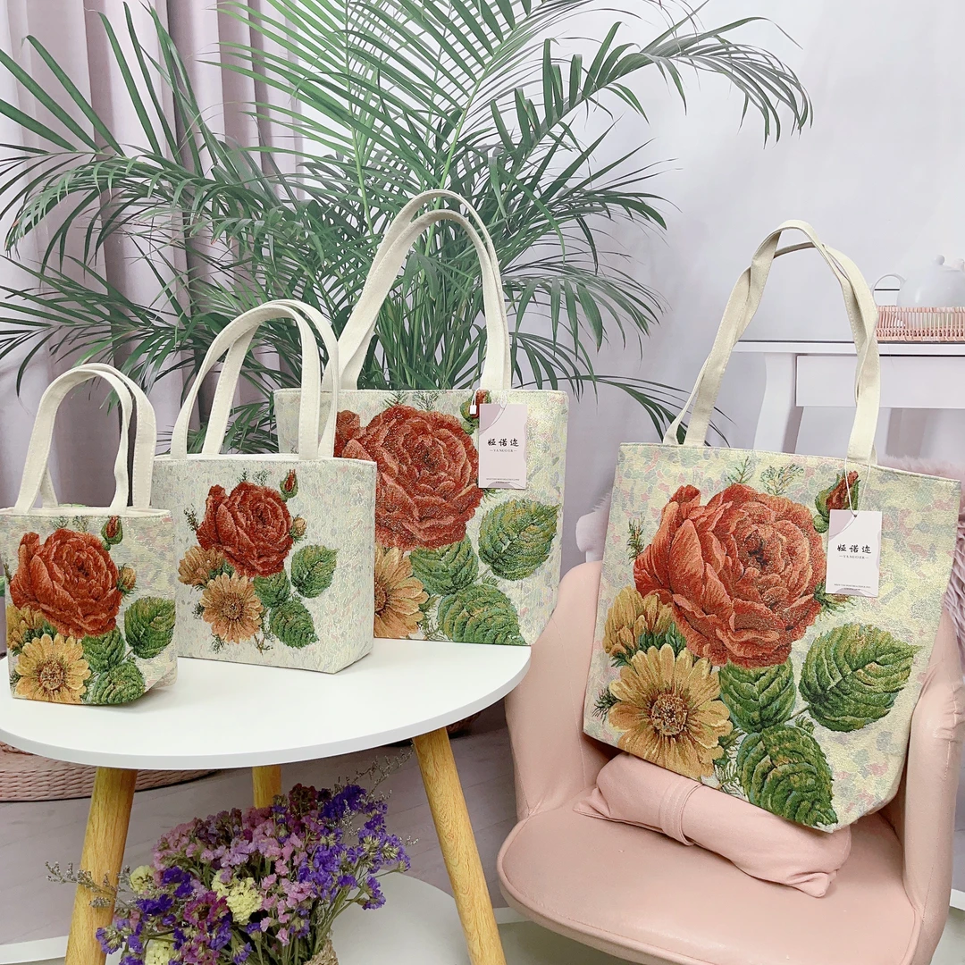 【牡丹花】帆布包双面金丝提花绣单肩包时尚百搭文艺范上班通勤包