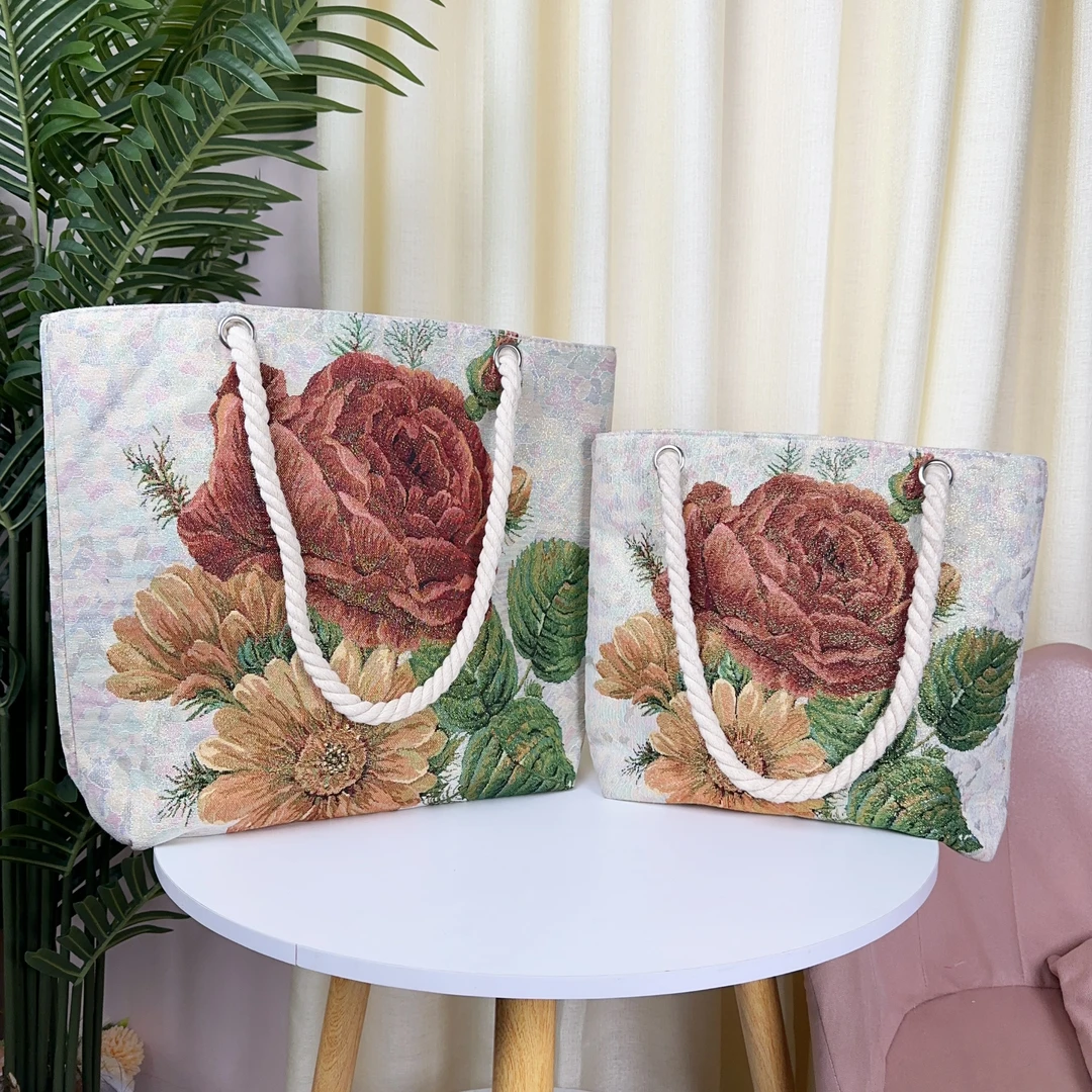 麻绳【红牡丹花】双面提花刺绣帆布包百搭洋气帆布单肩包大容量包