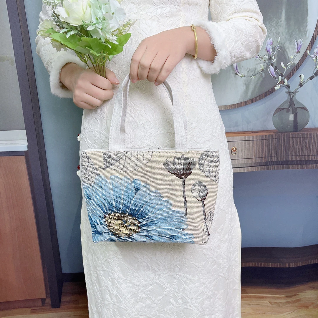 手提包【18*26cm】双面金丝刺绣帆布包手机包化妆包可装水杯