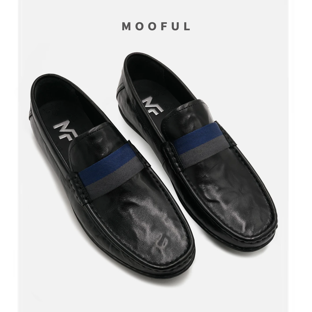 牟夫「英伦时尚」纯手工蓝色织带真皮男士皮鞋超轻软底一脚蹬豆豆鞋