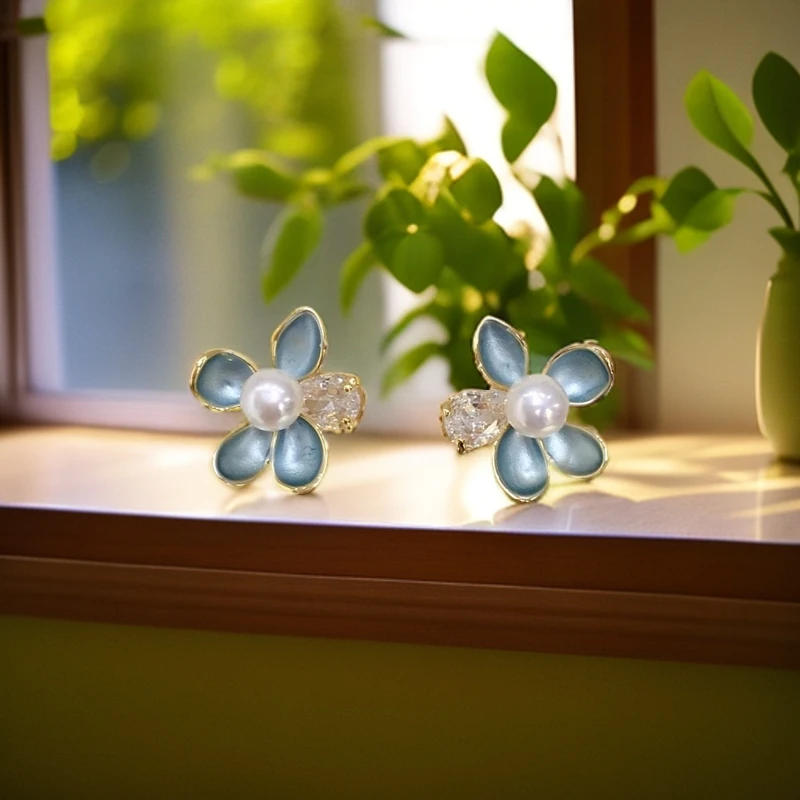 气质百搭无核淡水珍珠耳饰莫兰迪花朵设计银针