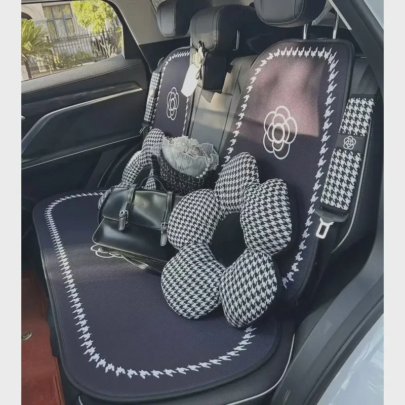 汽车坐垫山茶花千鸟格四季通用冰丝适用舒适坐垫女神坐垫棉麻坐垫