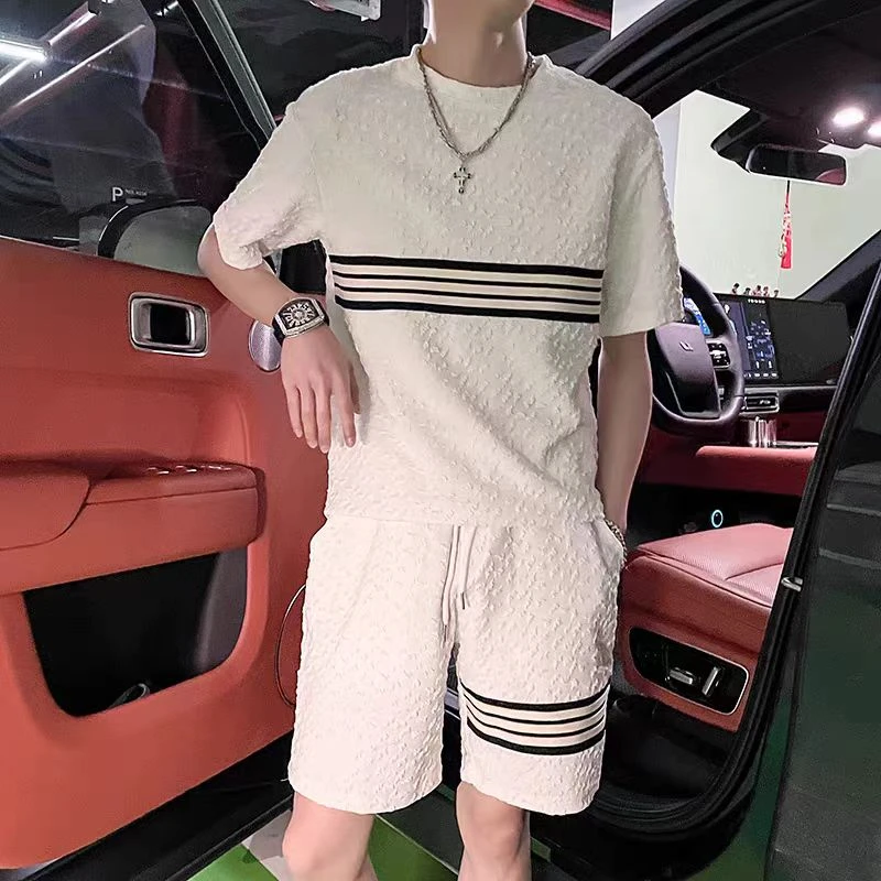休闲运动套装男士夏季薄款透气短袖短裤搭配一套痞帅条纹两件套潮