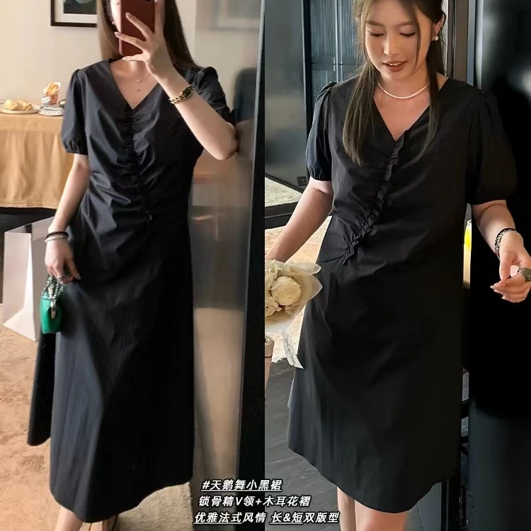 【反季现货-NAZ佳怡微胖高端定制】法式V领抽褶设计感连衣裙