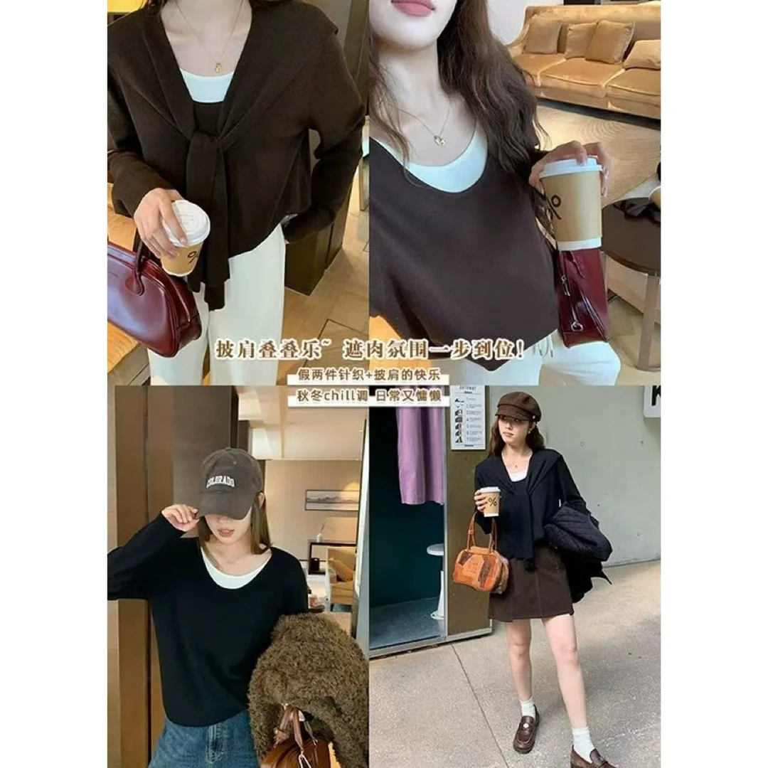 【现货秒发-NAZ高端定制】韩系复古假两件披肩针织衫