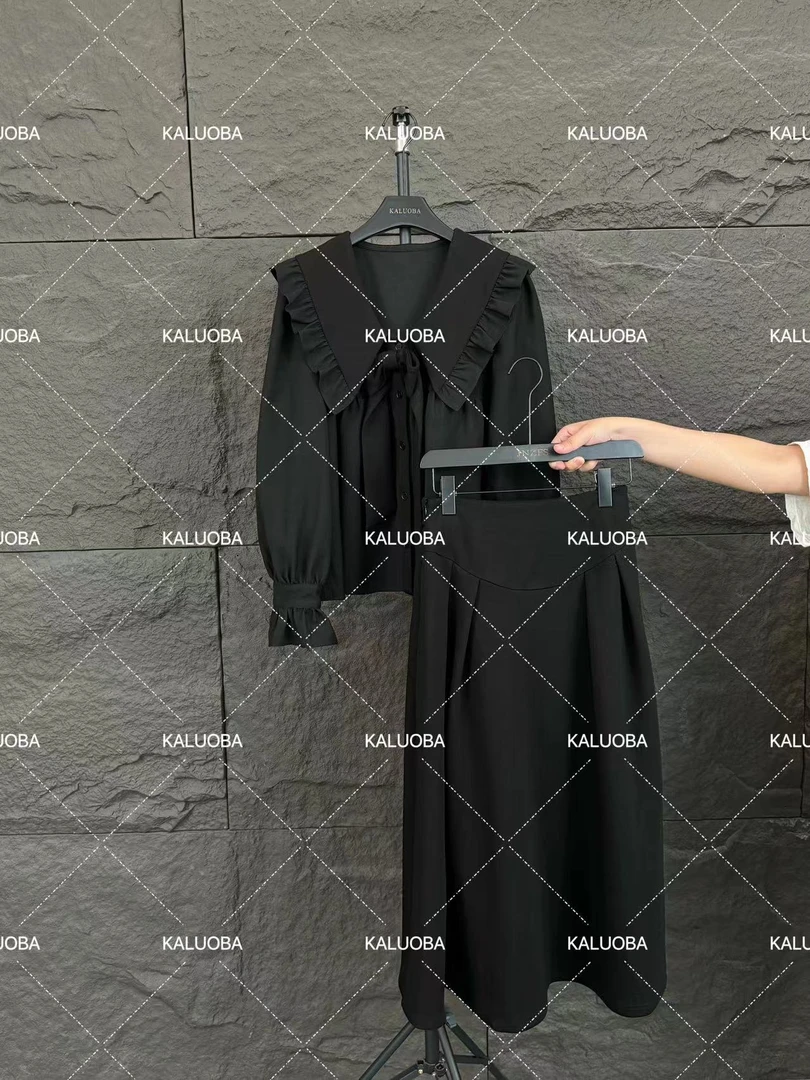 【原创大码设计师款女装】2024法式气质显瘦木耳边上衣+半身裙5916