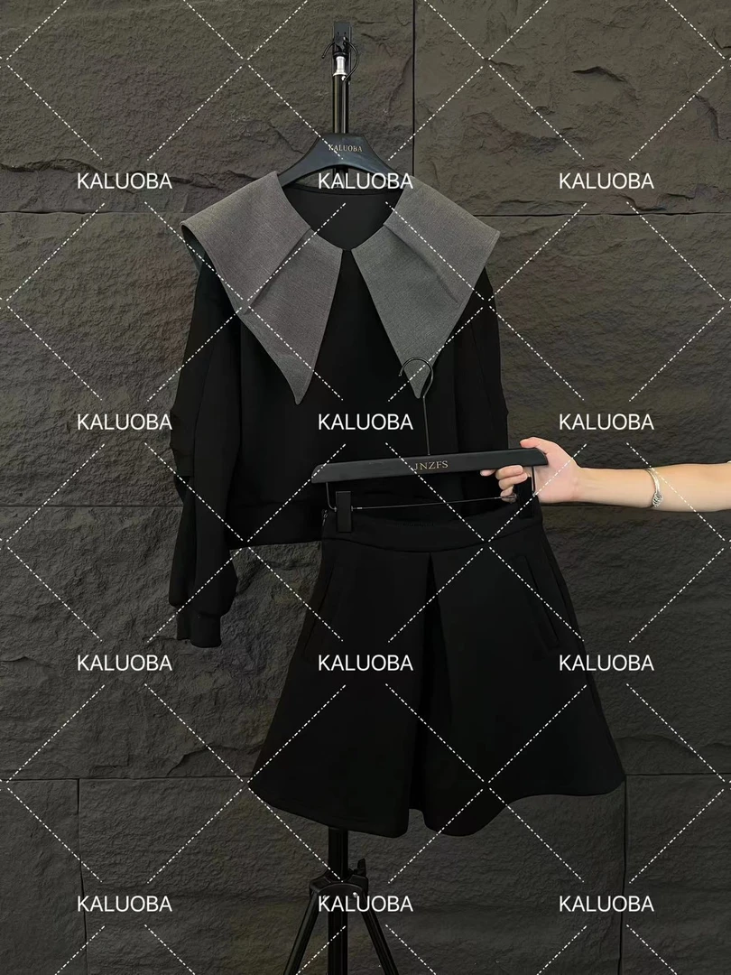 【原创大码设计师款】2024新款气质套装褶皱大翻领上衣+半裙5835