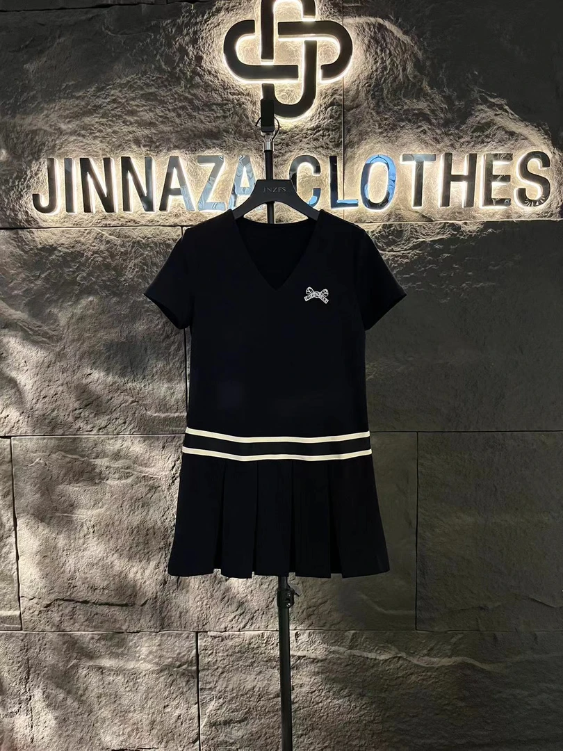 【原创大码设计师款】2024夏季V领学院风藏青色短袖连衣裙4675