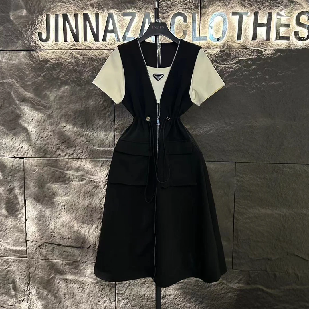 【原创大码设计师款】2024夏季高级感假两件拼接收腰休闲连衣裙4662