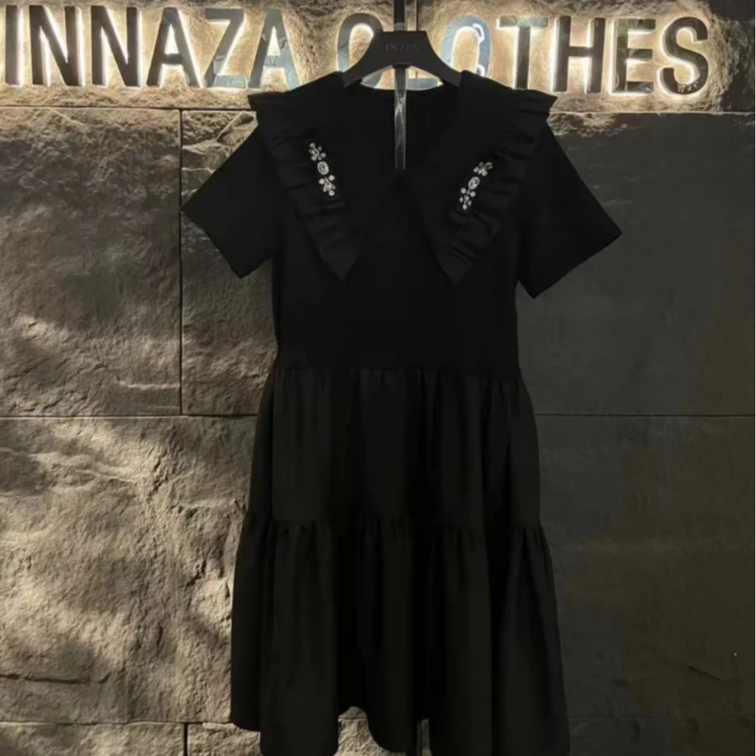 【原创大码设计师款】2024夏季新款镶钻赫本风显瘦娃娃领连衣裙4642