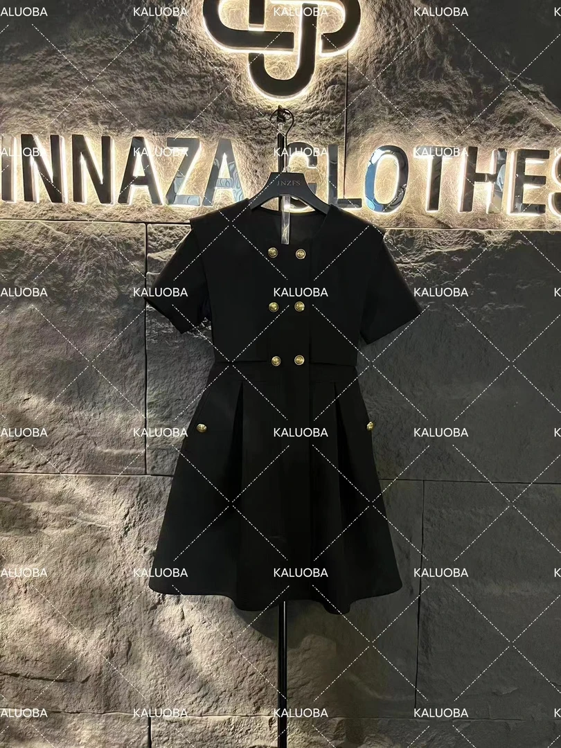 【原创大码设计师款】2024新款圆金属扣子不规则气质连衣裙5220