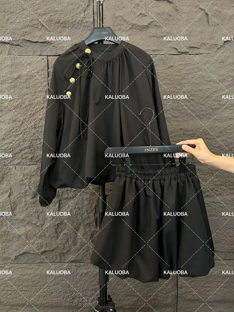 【原创大码设计师款】早秋新款长袖斜边口泡泡上衣+半裙5813