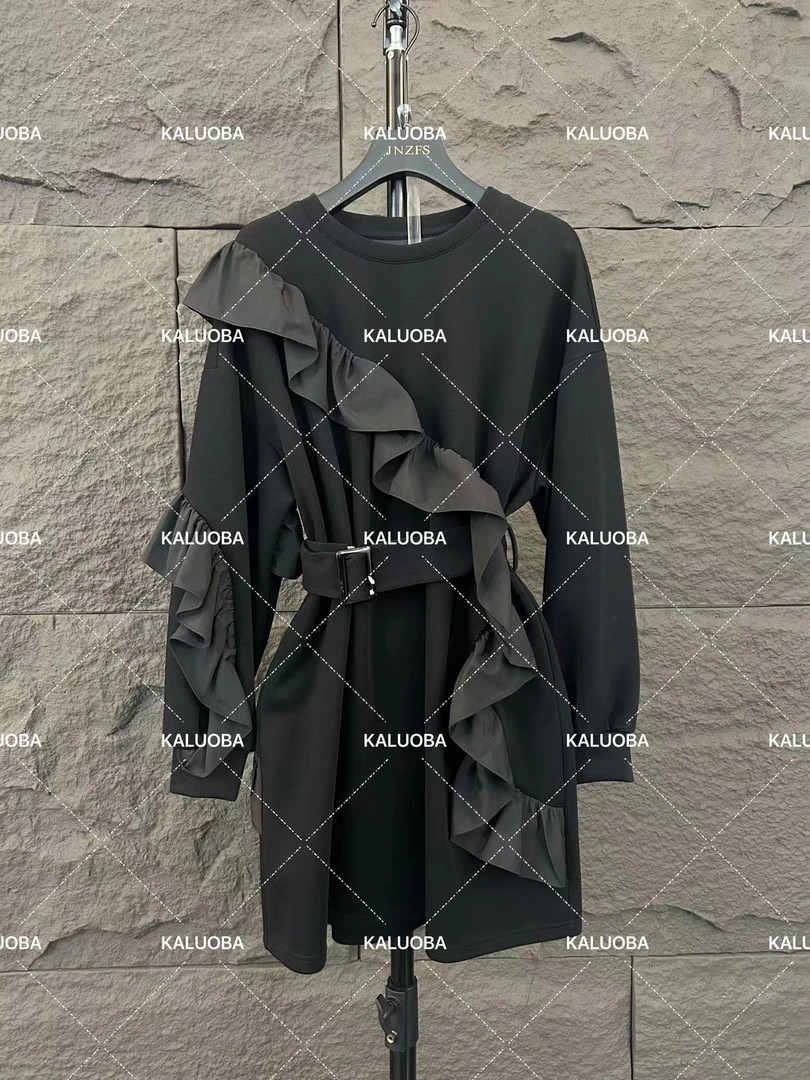 【原创设计师款女装】法式木耳边腰带小黑裙5794